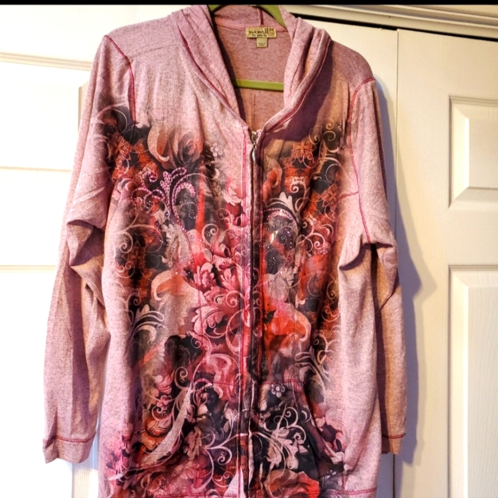 ONE WORLD PLUS SIZE 2X Womans Embellished  Hoodie Full Zip Purple Pink Sweater